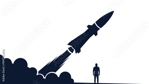 Dramatic silhouette of a large missile launching into the sky with thick smoke clouds while a lone person watches from below.