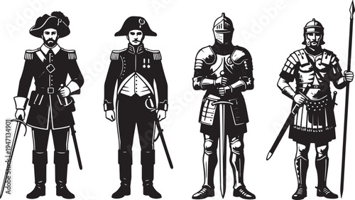Four historical military men in different uniforms and armor standing in a row