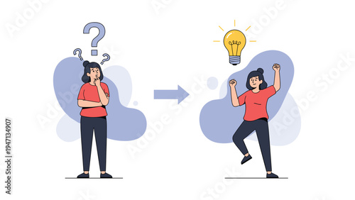 Thoughtful woman contemplates a problem until a bright light bulb idea sparks inspiration and leads to a successful breakthrough or creative solution.
