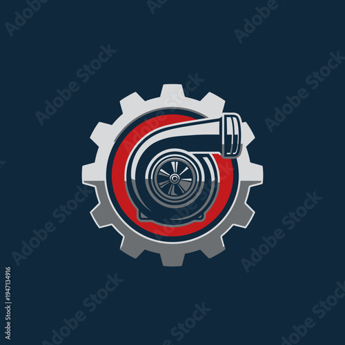 A graphic logo featuring a turbocharger within a red circle, set inside a grey gear on a dark background.