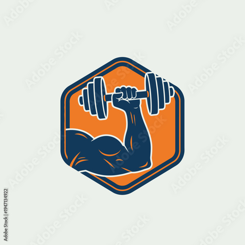 A strong, muscular arm holding a dumbbell inside an orange hexagonal logo, representing fitness and strength and gym culture.