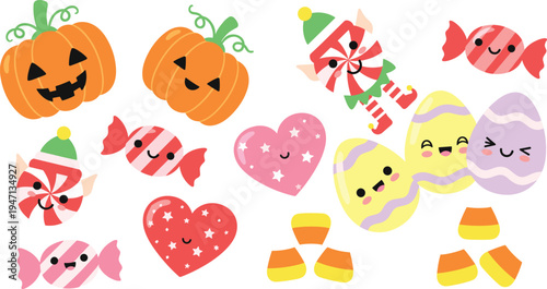 Cute Halloween and candy characters collection with pumpkins sweets hearts candy corn and elf festive cartoon icons for holiday decoration vector illustration set