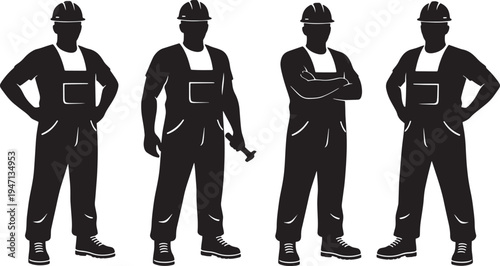 Four construction workers in different poses wearing hard hats and overalls in black silhouette
