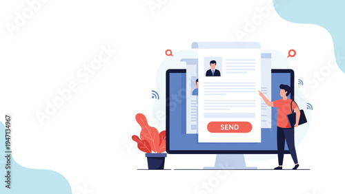 Man sending a digital resume or job application form through a computer screen representing online recruitment and the modern hiring process.