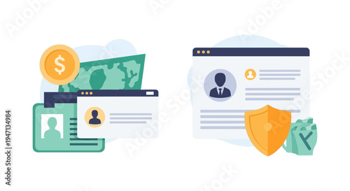 Secure Digital Identity and Financial Verification. KYC Process, Data Protection, and Online Profile Security. Modern vector illustration featuring shield, ID card, and money.