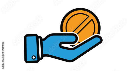 Blue gloved hand holding a large orange coin or token, representing finance, donation, payment, or crypto currency.