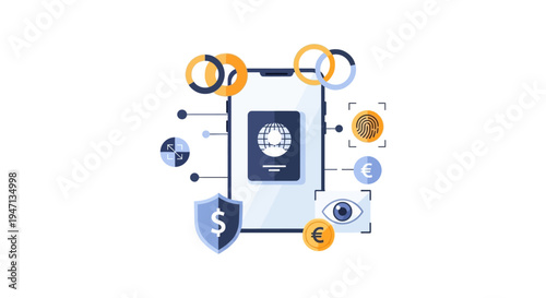 Digital Identity Verification and Mobile Security Concept. Biometric Authentication, Secure Online Finance, Passport ID Management App UI Vector Illustration.