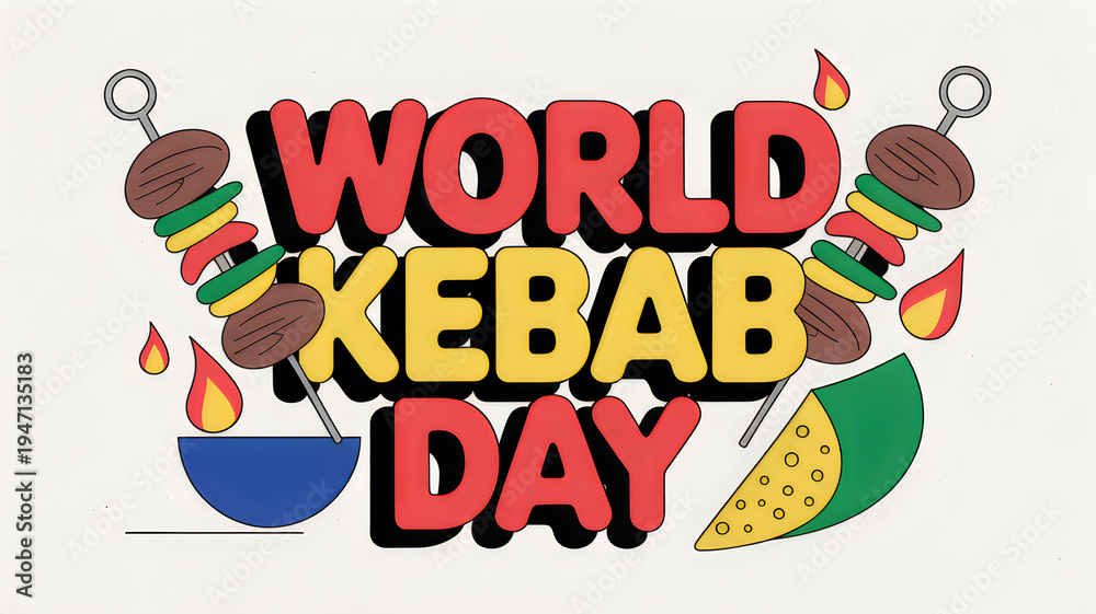 Fototapeta premium Brightly colored illustration celebrating World Kebab Day with skewers and flames