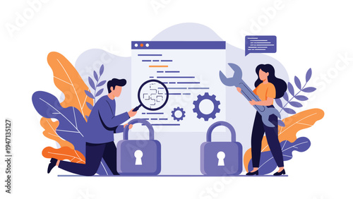 Developers and software engineers working together to fix bugs, test code, and improve system security on a large web browser interface with tools.