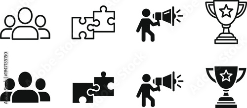 Collection of teamwork and achievement icons in black and white