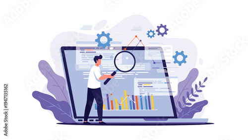 Data analyst using a magnifying glass to examine growth charts, gears, and statistics on a large laptop screen for business intelligence purposes.