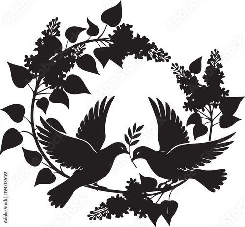 Two doves flying together within floral wreath vector silhouette illustration and line art