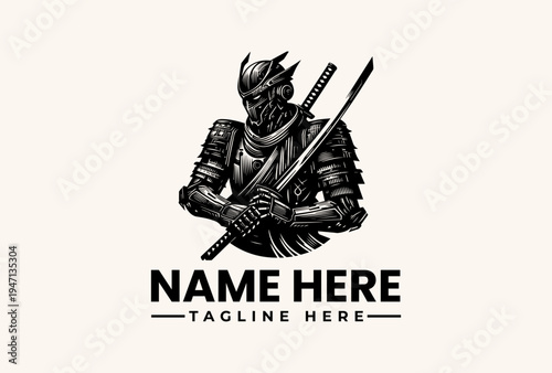 A black and white illustration of a samurai warrior in armor holding swords with a bold logo and tagline on a beige background, conveying a strong and fierce mood.