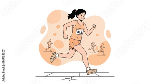 Smiling Young Female Athlete with Bib Number 412 Running a Race, Illustrating Sport, Fitness, and Healthy Lifestyle.
