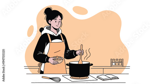 Young woman in an apron diligently cooking a healthy meal in her kitchen, stirring a pot with fresh ingredients and a recipe book nearby.