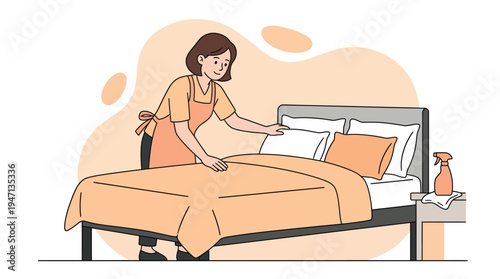 Smiling Woman in Apron Making a Bed, Arranging Pillows and Blanket for a Clean, Tidy Room. Housekeeping and Home Chores Concept.