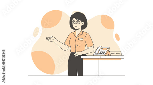 Friendly Female Receptionist Welcoming Guests. Professional Customer Service Representative at Reception Desk with Phone.