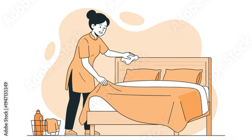 Smiling Professional Housekeeper Making Bed in Hotel Room, Ensuring Cleanliness and Guest Comfort