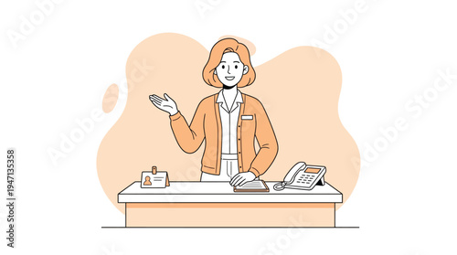 Friendly Female Receptionist or Customer Service Assistant Welcoming and Guiding Clients at Her Desk