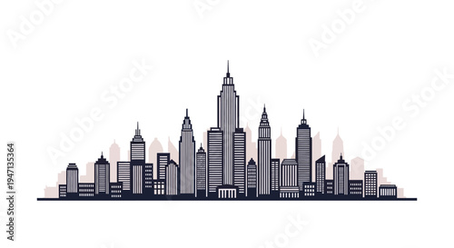 City skyline with tall buildings.