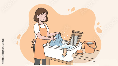 Smiling Young Woman Hand Washing Laundry in a Tub with Washboard and Soap, Illustrating Traditional Household Chores.