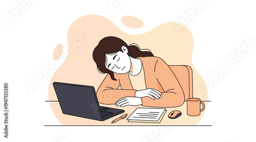Exhausted Young Woman Sleeping at Office Desk Next to Laptop, Symbolizing Work Overload and Burnout