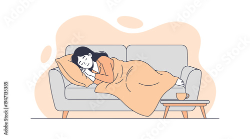 Peaceful young woman napping comfortably on a cozy sofa, covered by a soft blanket in a minimalist home setting illustration.