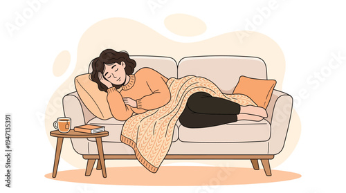 Peaceful young woman sleeping soundly on a comfortable sofa at home, enjoying a cozy and relaxing moment with a warm blanket and a good book nearby.