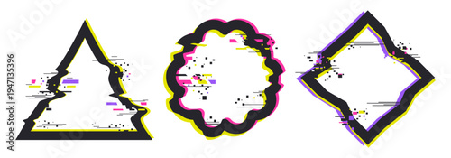 Abstract digital distortion borders. Glitch frames, pixelated bad tv signal glitch effects flat vector illustration set. Noise glitch border frames isolated on white