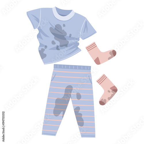 Cartoon dirty clothes. Wrinkled stained pyjama, laundry apparel flat vector illustration. Stained dirty kids garments on white background