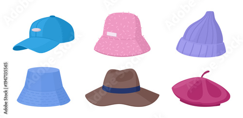 Cartoon headwear. Hat, panama, beret and cap, fashionable headwear accessories, modern had wearing elements flat vector Illustration set. Male and female hats isolated on white