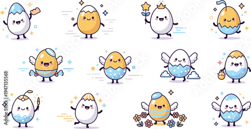 Cute Easter egg cartoon characters collection with cracked shells wings crown magic wand flowers and stars adorable spring holiday mascot vector illustration set