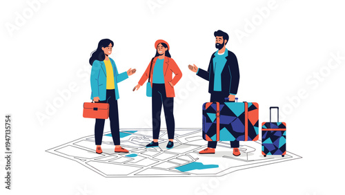 Group of travelers standing on a large city map with their suitcases and luggage planning their next journey or navigating a new destination together.