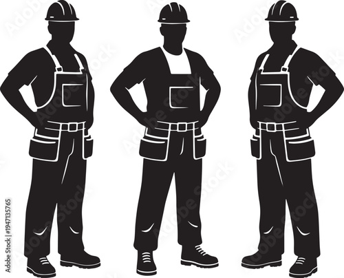 Three construction workers standing in a row wearing hard hats and tool belts.
