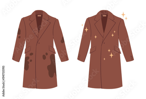Dirty and clean coat. Laundry apparel, wrinkled stained clothing become clean and fresh flat vector illustration. Cartoon coat cleaning concept on white background