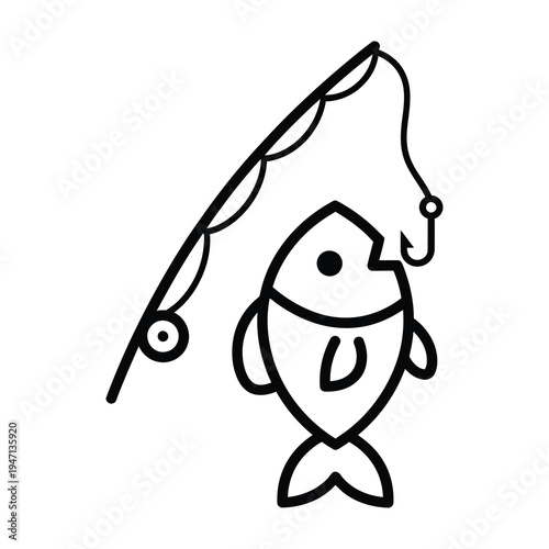Stylized fish caught on fishing hook with rod