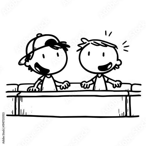 Boys smiling behind fence black and white cartoon illustration kids children happy