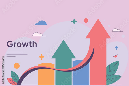Illustrative depiction of growth with ascending arrows and abstract elements