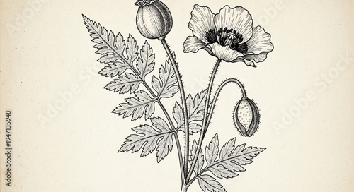 Vintage Botanical Illustration of Poppy Flowers and Leaves.