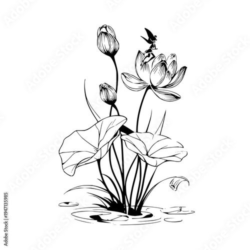 Whimsical hand drawn black and white illustration of a delicate fairy perched atop a blooming lotus flower surrounded by unopened buds and large lily pads floating on serene water