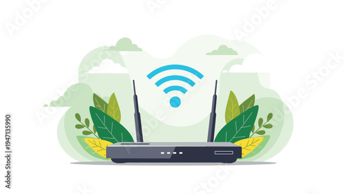 Wireless router with a bright blue wifi signal icon surrounded by lush green leaves and soft clouds representing connectivity and internet access.