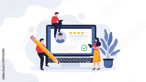 Tiny people working around a large laptop screen to review a user profile with a star rating and a green check mark for quality assurance testing.