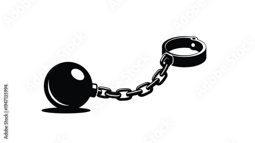 Traditional black ball and chain prisoner restraint on a white background used as a metaphor for burden or restriction.