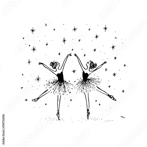 Ballet dancers in starry night vector illustration ballerina tutu black and white