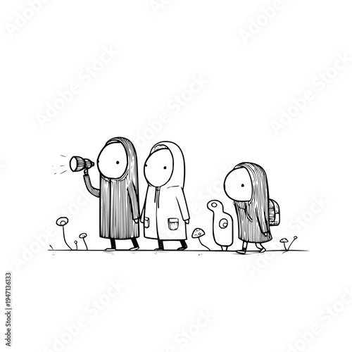 Whimsical group of three stylized figures in hooded cloaks one holding a telescope embarking on an outdoor adventure through a field of whimsical mushrooms and sparse vegetation