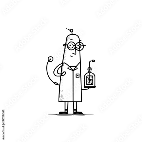 Whimsical cartoon scientist character with quirky glasses and a lab coat holding a bubbling beaker depicted in a charming hand drawn line art style with a playful inquisitive