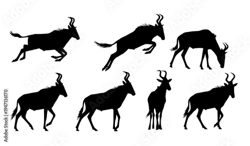 African hartebeest antelope silhouette pack wild safari animals in motion vector illustration