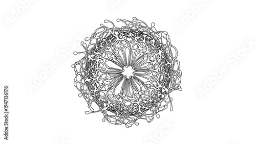 Intricate black and white line art of a complex three dimensional spherical lattice structure with organic fluid shapes.