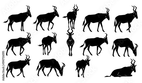 Hartebeest silhouette collection African antelope wildlife vector clipart set isolated on white