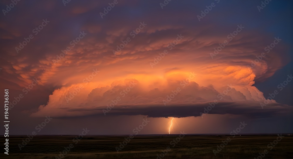 Fototapeta premium A Meteorological Day Unfolds with a Majestic Thunderstorm Cloud Formation over a Vast Landscape at Sunset with Lightning